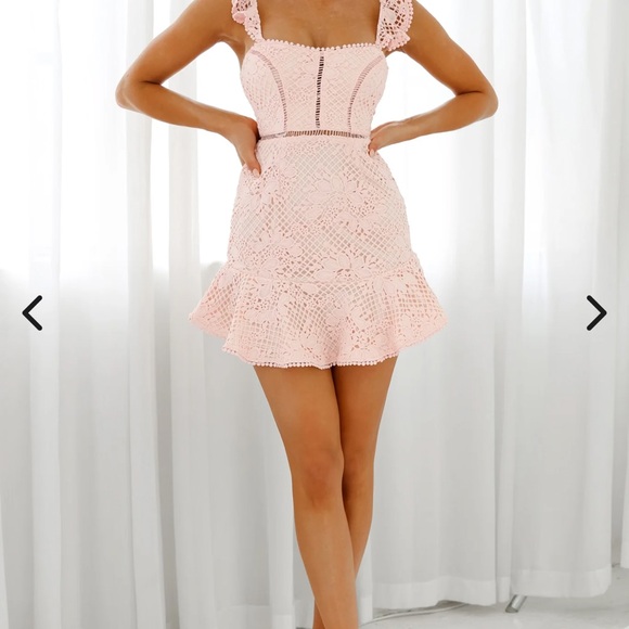 Selfie Leslie Dresses & Skirts - Selfie Leslie- Hali Frill Strap Crochet Overlay Pink Mini-Dress - Size XS.